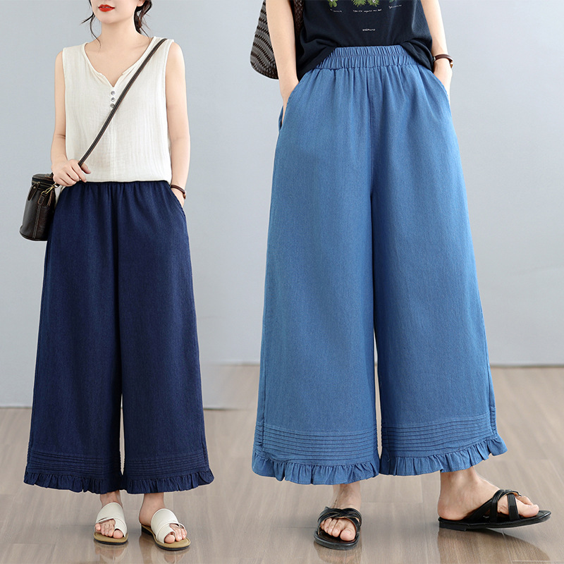 Real Shot of Patchwork Ruffled Multi-Layered Pleated Denim Pants for Women, Summer Thin Style, Plus Size, Loose Fit, Cropped Wide-Leg Pants