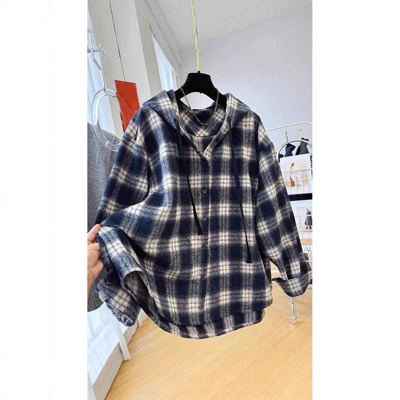 Korean Style Casual Hooded Plaid Shirt Jacket Spring and Autumn New Loose Couple Versatile Shirt