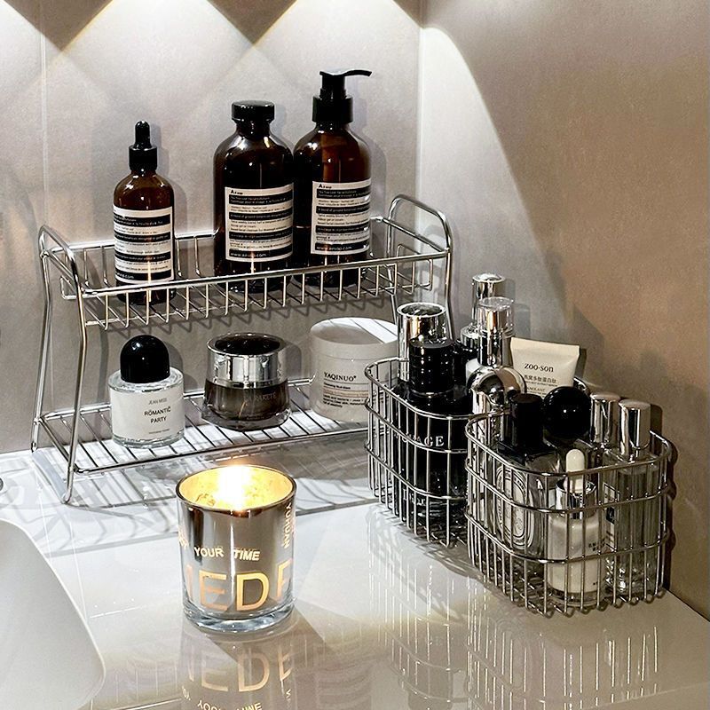 lavabo de acero inoxidable estante de almacenamiento de doble capa de baño de almacenamiento de cosméticos para productos de cuidado de la piel estante de almacenamiento