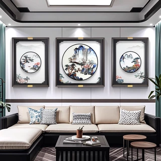 新中式客厅装饰画高端刺绣山水画背有靠山苏绣成品沙发背景墙挂画