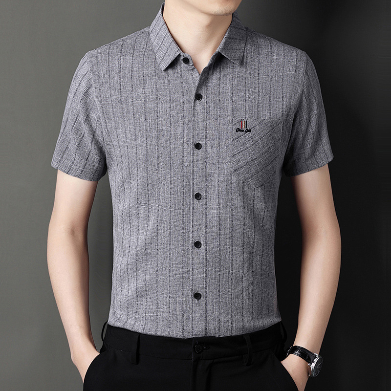 Men's Cotton and Linen Short-Sleeved Shirt, Summer Striped Texture Breathable Casual T-Shirt with Pocket Embroidery, Business Polo Shirt