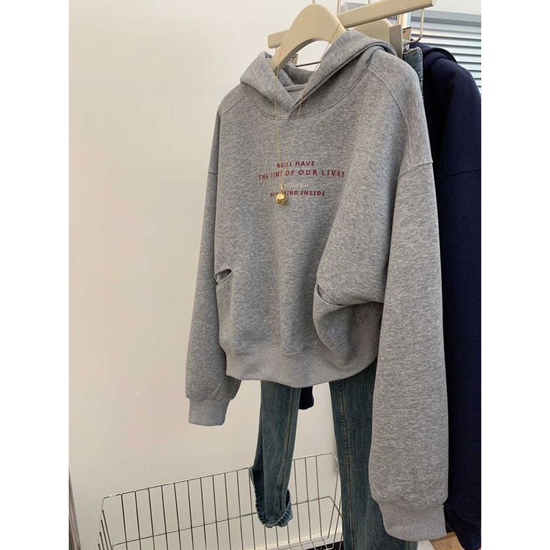 Outlet~ Clearance Mall Gray Hooded Pullover Sweatshirt for Women 2026 Autumn/Winter Petite Loose Top