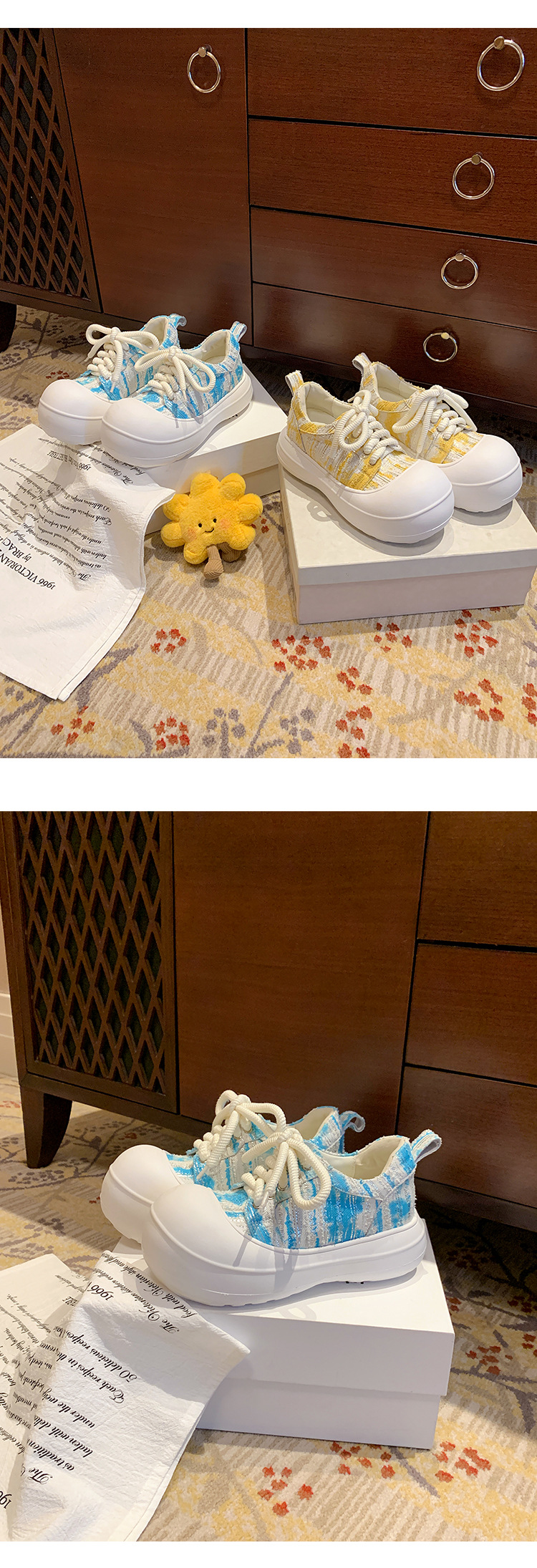 Giày loafer nữ đế xuồng platform 5cm, mũi tròn buộc dây, da thật — xanh lam, màu vàng chi tiết 15
