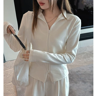 工厂秋冬韩系外套女新款半高领双拉链设计感天丝羊毛混纺长袖上衣