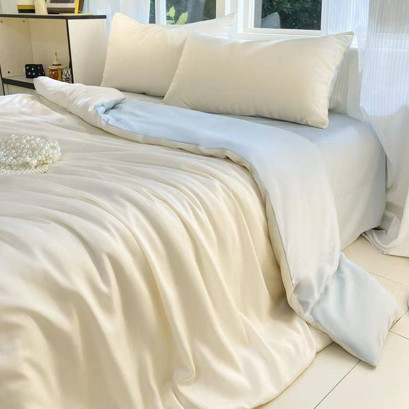 夏天双面冰丝四件套不粘毛水洗仿冰丝被套夏季凉感床单人宿舍三件
