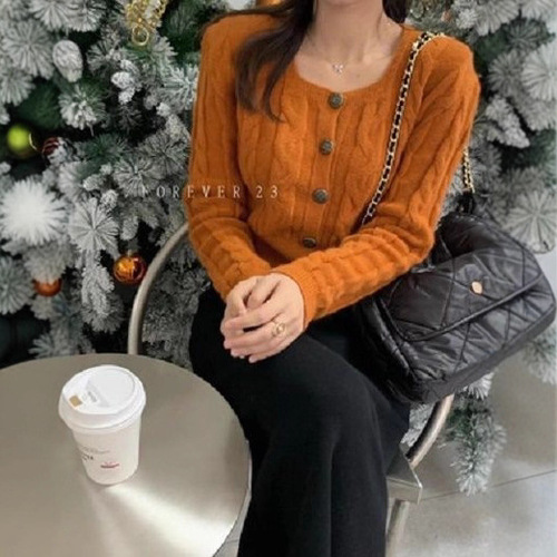 Women's Autumn/Winter Round Neck Knit Sweater, Off-the-Shoulder V-Neck Cardigan, Thin Model Women's Short-Sleeve Top
