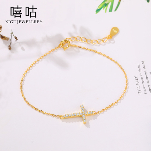 Xigu H0053 S925 Silver Cross Simple Slim Bracelet Women's Fashionable Commuting Silver Bracelet Jewelry