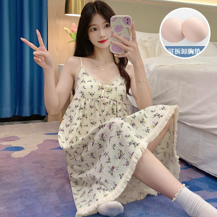 Pijamas de verano de niña cabina larga falda cojín de pecho camiseta ropa casera nubes de algodón dulce ropa casera