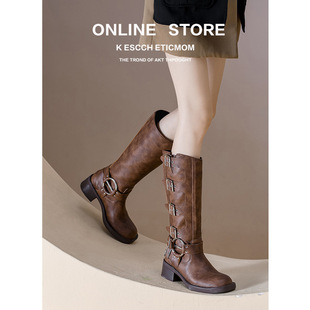 2023 autumn belt buckle chunky heel Martin Boots knee fleece-lined British style plus size women's boots 41-43 chubby girl widened