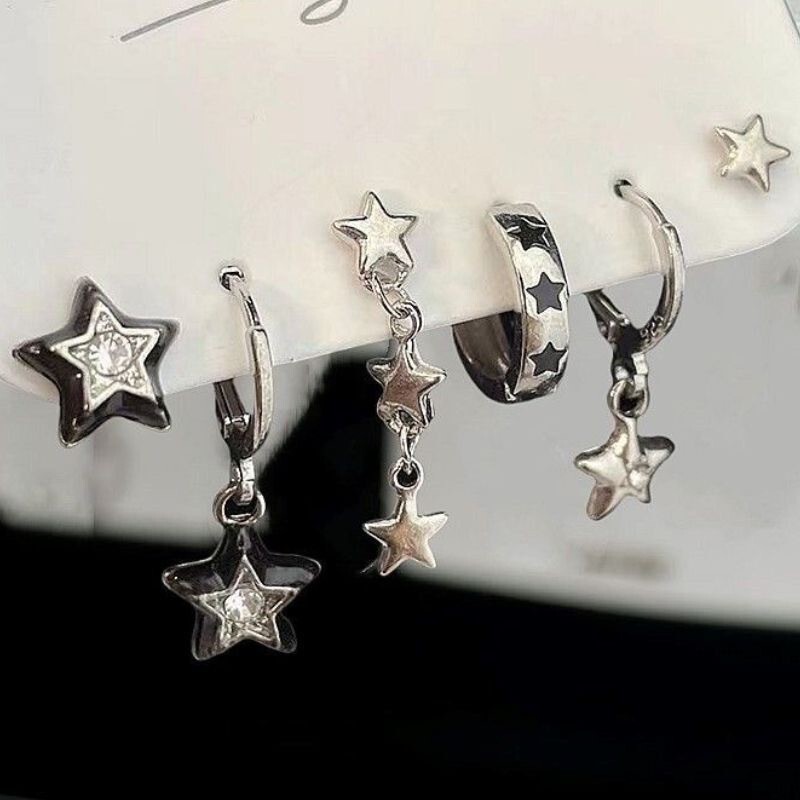 Cross-Border European and American New Sweet and Cool Style Simple Dot Rhinestone Five-Pointed Star Earrings Dark Star Earrings Set 6-Piece Set