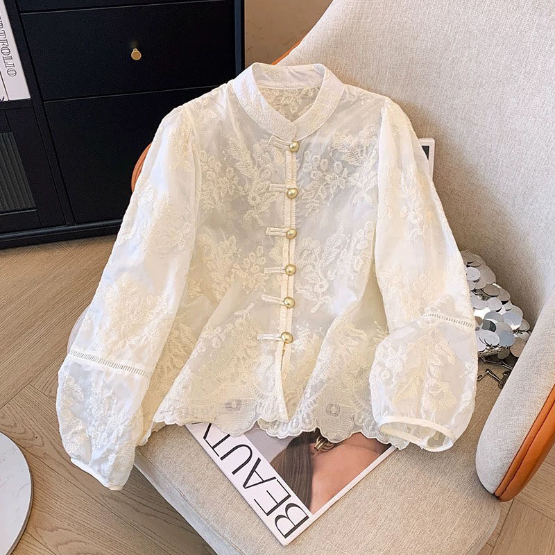 National Style New Chinese-Style Lace Heavy Embroidery Gold Button Shirt for Women 2026 Spring/Summer New Fashionable Trendy Blouse