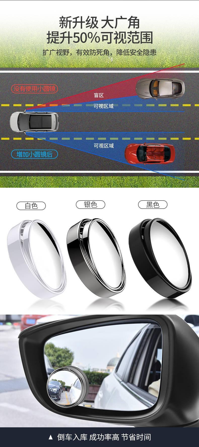Car Rearview Mirror Small Round Mirror 3m Adhesive Artifact Anti-Dead Angle No Blind Spot with Frame Glass Mirror Reversing White