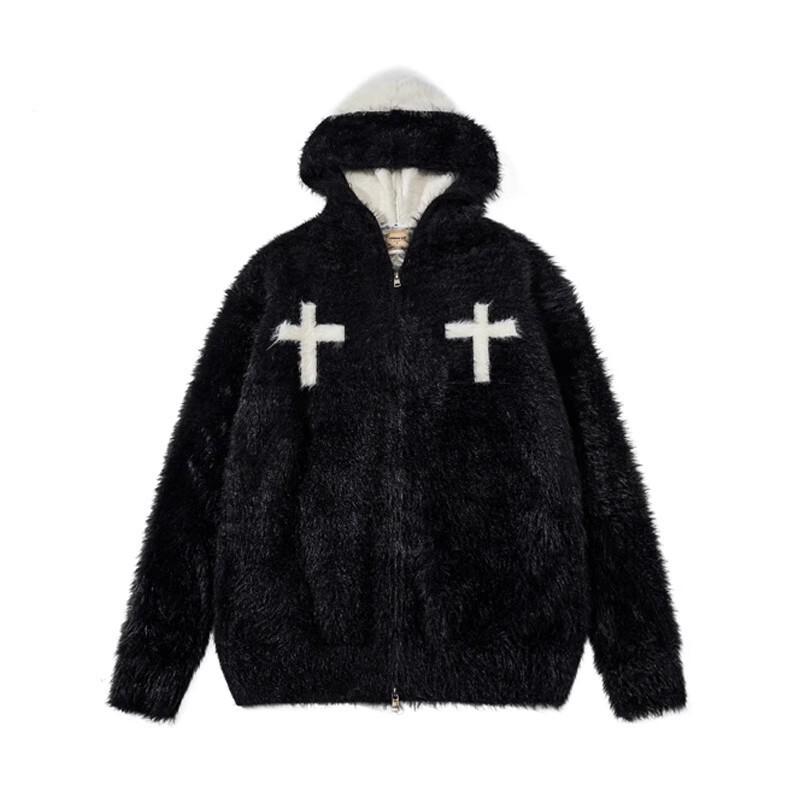 Heavyweight Stylish Cross Floral Plush Hooded Sweater Jacket for Couples, Autumn and Winter Trendy Loose Knitwear