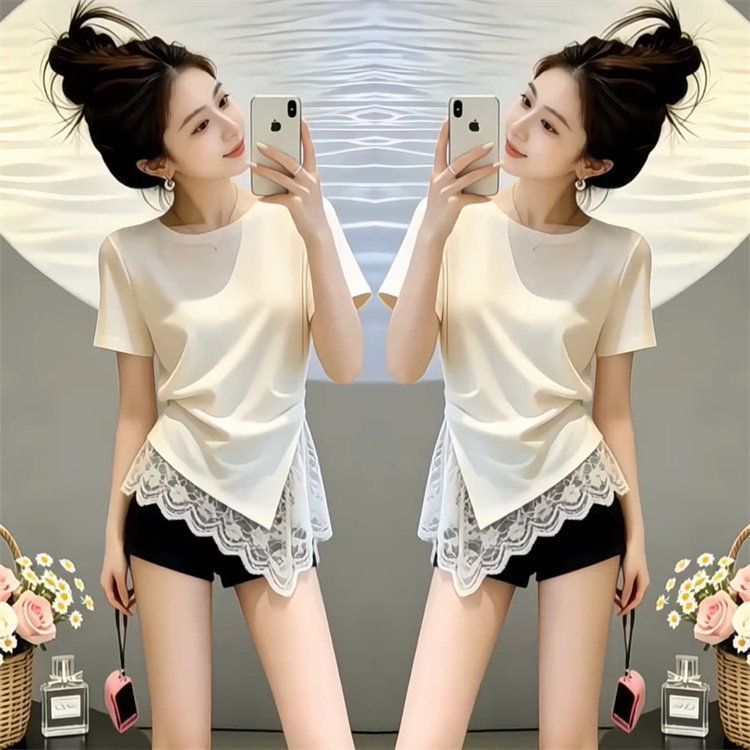 Summer Trendy New Fashion Short-Sleeve T-Shirt for Women, Youthful Design, Irregular Lace Top, Slimming Blouse, Women's Clothing 3