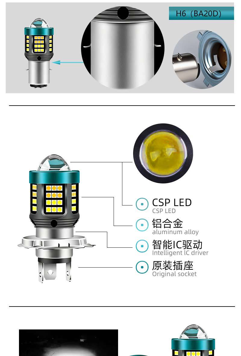 Car and Motorcycle Headlights H4H6 Ba20D Dual-Color High-Power High-Brightness Headlight Lens Spotlight