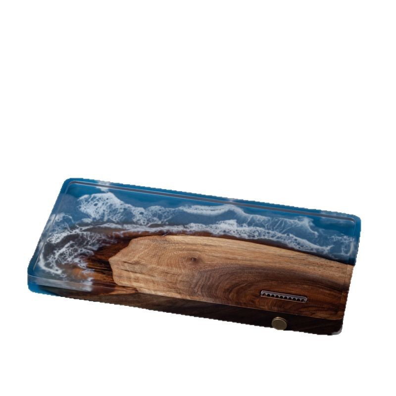 Placa de comedor de nogal de resina de río, madera de acacia, bandeja de té de dim sum de madera maciza, bandeja retro cuadrada redonda al por mayor
