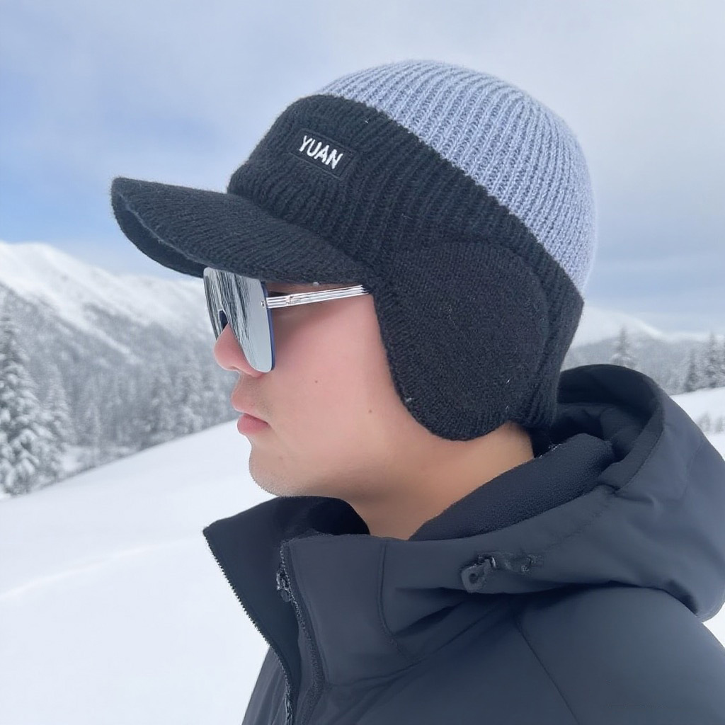 跨境帽子男士鸭舌款户外护耳保暖加绒针织帽字母拼色套头帽毛线帽