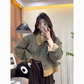 早秋新款女装2026秋冬季新款牛仔外套棉服棉衣加绒加厚撞色翻领假