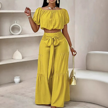 欧美新品女装阔腿裤通勤高腰纯色微喇型绑带垂感裤子休闲套装