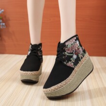 1618-52新款民族风拼色靴子高跟布靴秋冬短筒靴古风