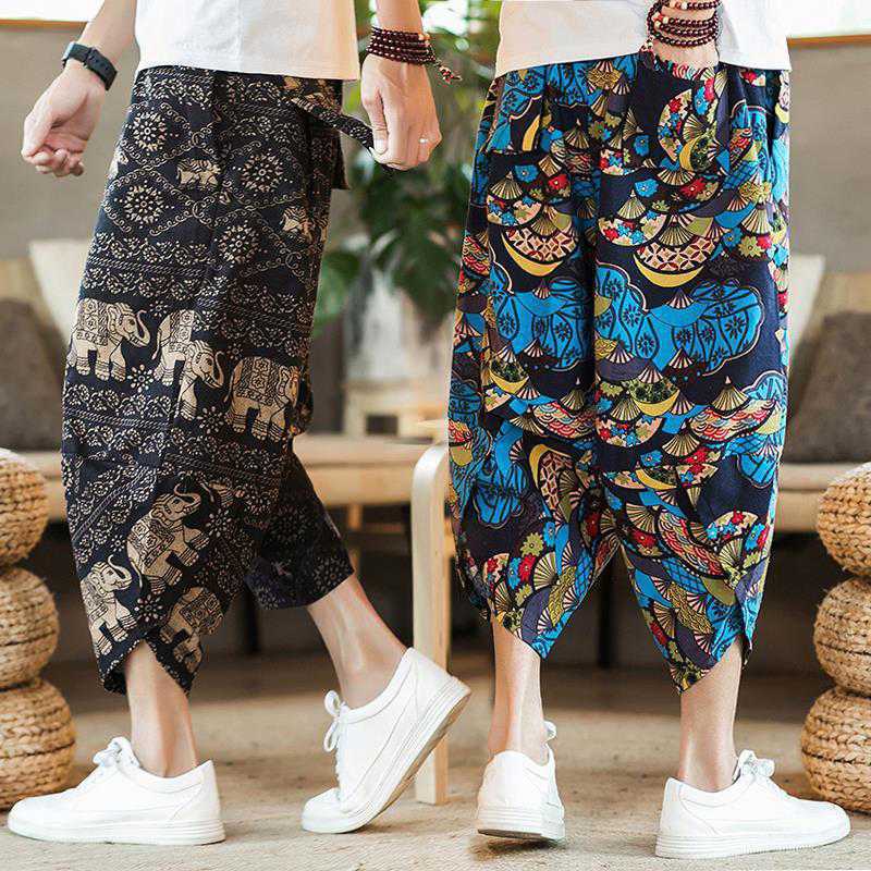 Thai Elephant Pants Men's Chinese Style plus size Capri Pants Fashion Brand Thai Beach Pants Burmese Dai Radish Pants