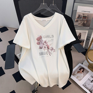 V-neck new plus fat plus size slim loose long short sleeve T-shirt female 200/300/350kg 611