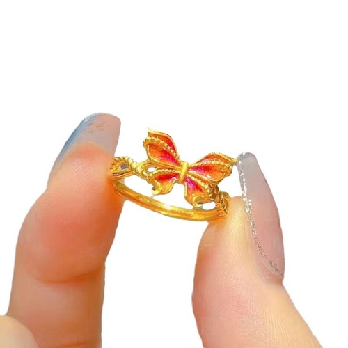 Dreamy Butterfly Openwork Ring, Gold-Plated Enamel Colorful Finger Ring for Women, Court Style Hollow Filigree Ring