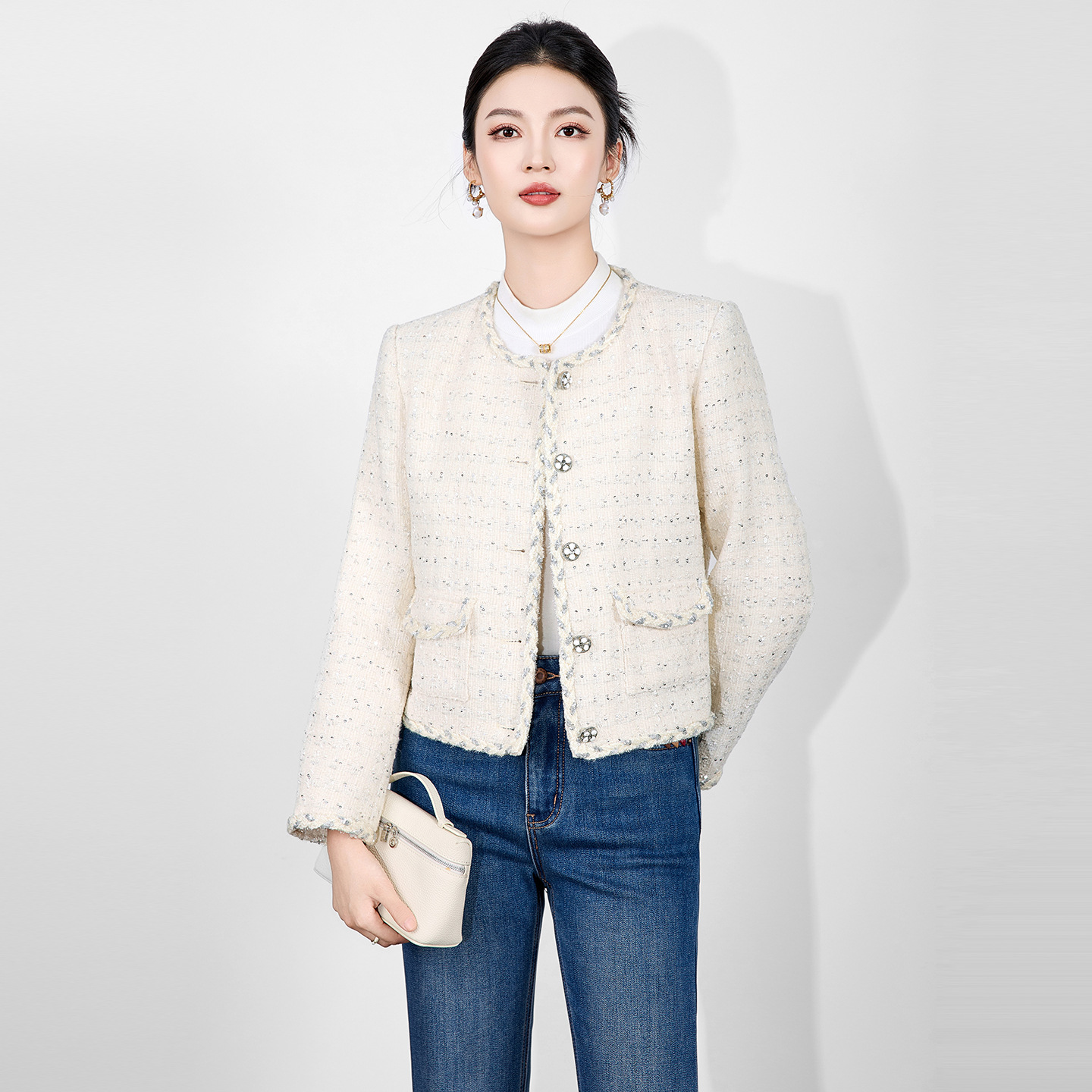 2515511-Nanyou High-Quality Bright Silk Wool Blended Tweed Small Fragrance Jacket Women's Autumn and Winter Fashion Top