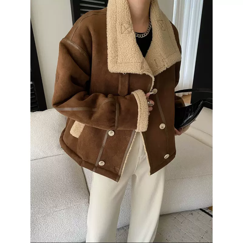 司南 博主巴恩风 复古立领仿皮毛一体颗粒绒保暖夹克外套 SN8428