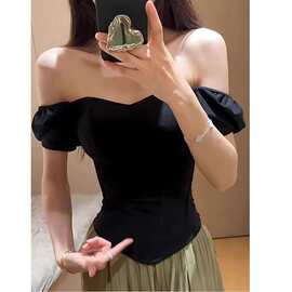 夏季辣妹一字肩纯色短袖T恤女时尚别致收腰显瘦设计感上衣ins潮