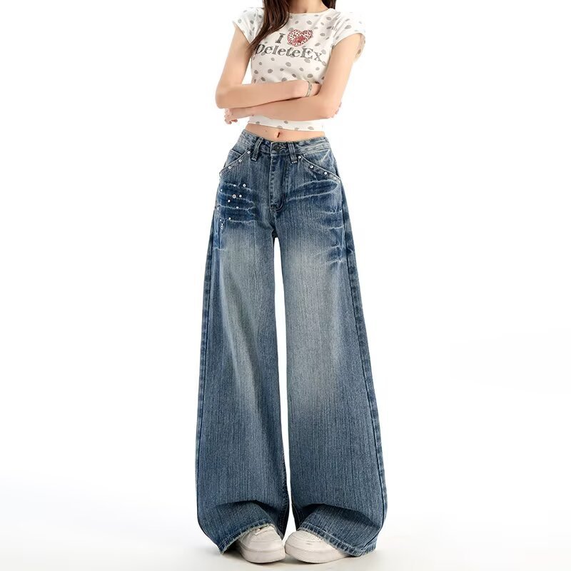 美式复古铆钉高腰阔腿牛仔裤女夏季新款小众设计感松弛宽松直筒裤|undefined