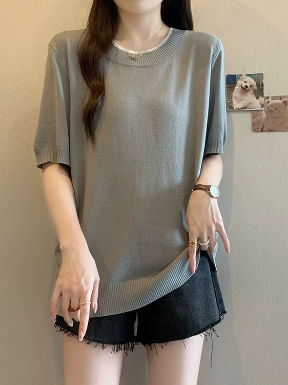 Летняя одежда больших размеров для полных девушек в корейском стиле, повседневный стиль, контрастный искусственный топ из двух частей из ледяного шелка, женская модная универсальная футболка для похудения