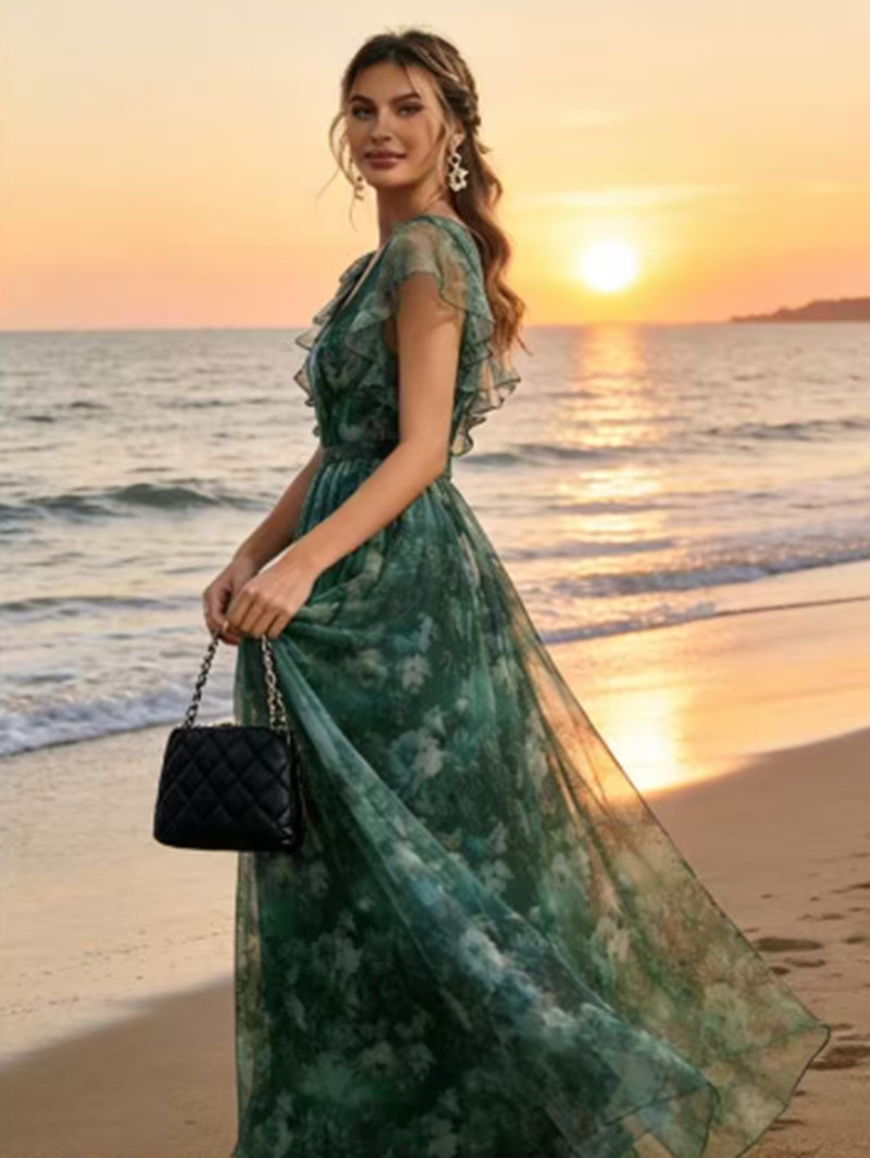 Women V Neck Floral Print Mesh Ruffle Hem A Line Big Swing Party Dress Bridesmaid Dress Prom Evening Gown_ecoleips.com