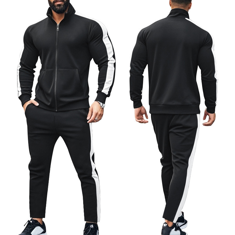 Traje de dos piezas de otoño e invierno de manga larga para hombre transfronterizo de Amazon, chaqueta deportiva casual con cuello alto en contraste, suéter, traje de hombre