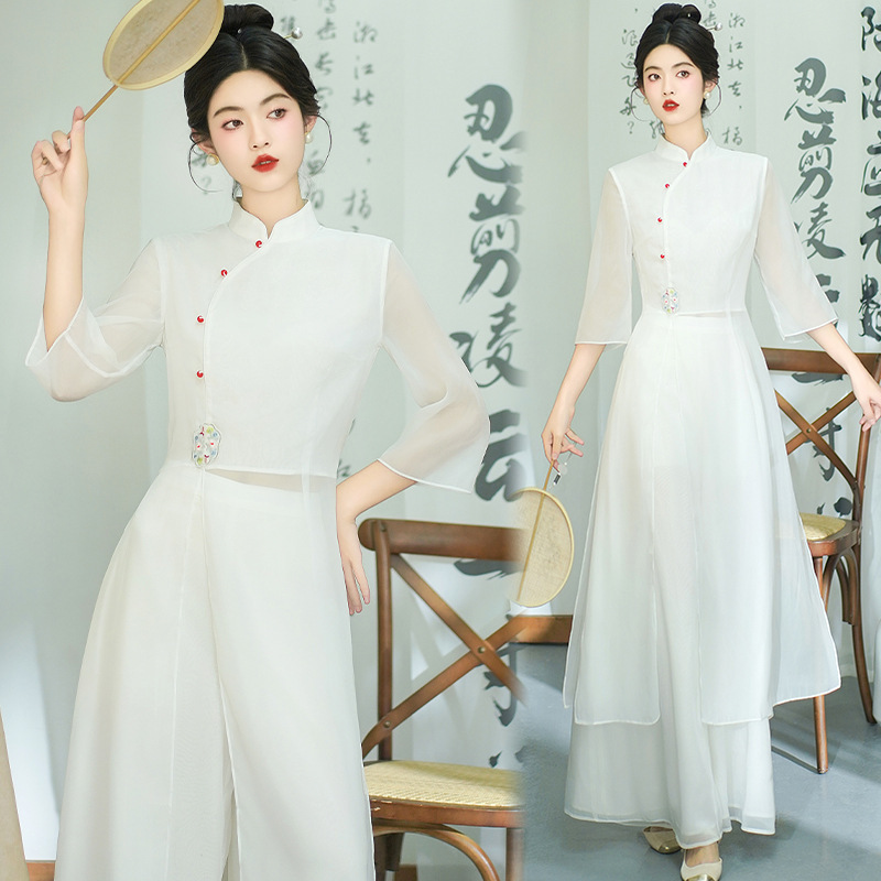 9074 Improved Han Dynasty Women's National Style Suit New Chinese Style Button Top Zen Suit Cheongsam Dress Tang Suit Tea Suit Summer