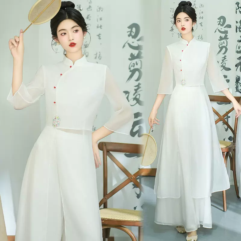 9074改良汉服女国风套装新中式盘扣上衣禅服旗袍连衣裙唐装茶服夏