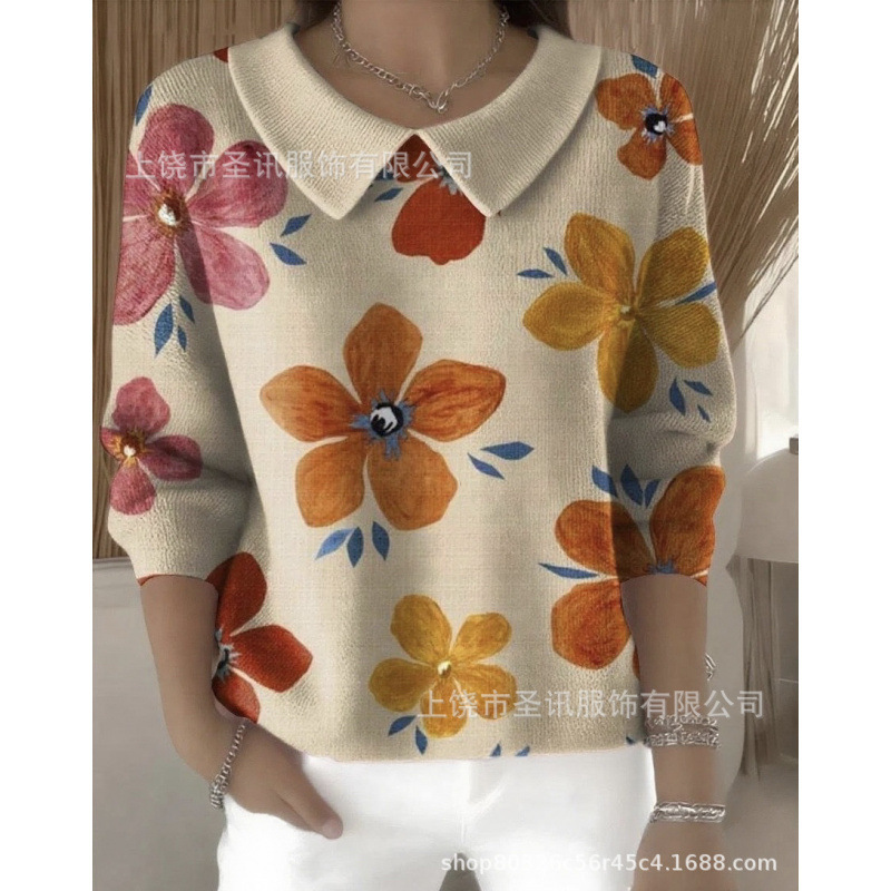 跨境欧美独立新款3D数码印花短袖休闲百搭休闲风女士时尚娃娃长袖|undefined