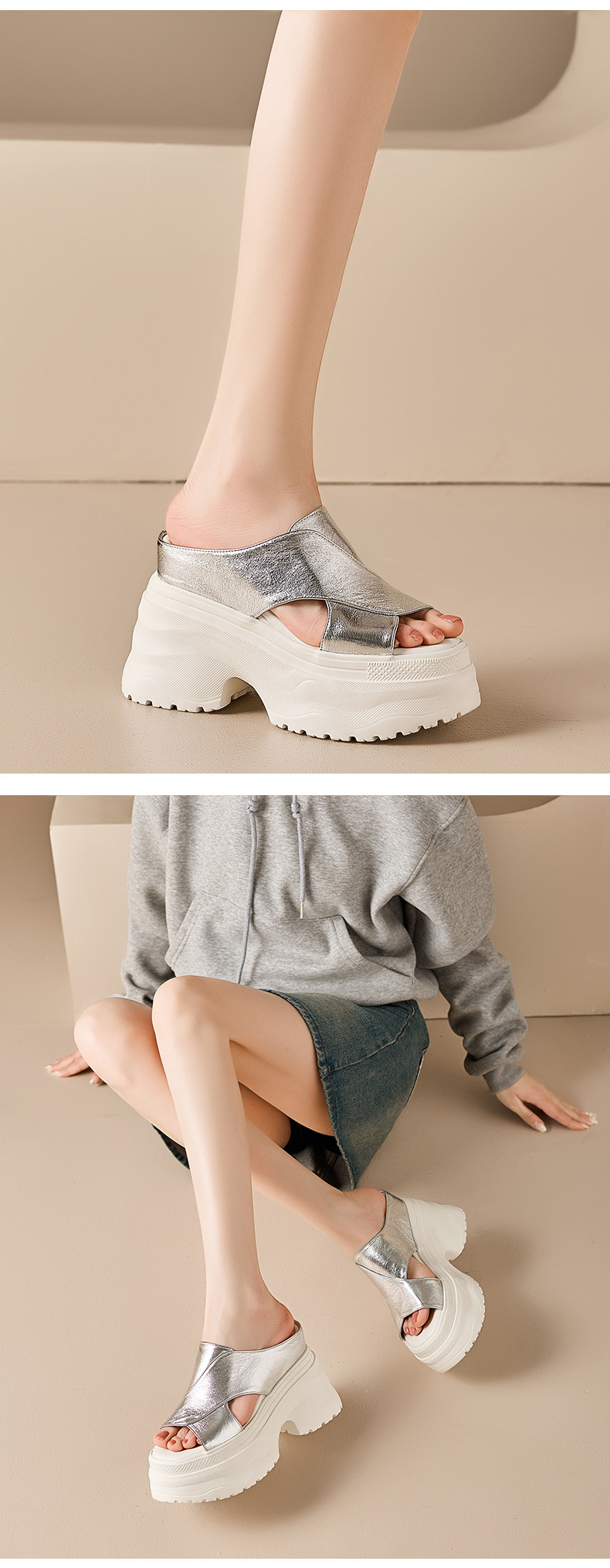 Dép sandal nữ quai ngang đế dày da thật tăng chiều cao — màu đen, màu trắng ngà, bạc chi tiết 12