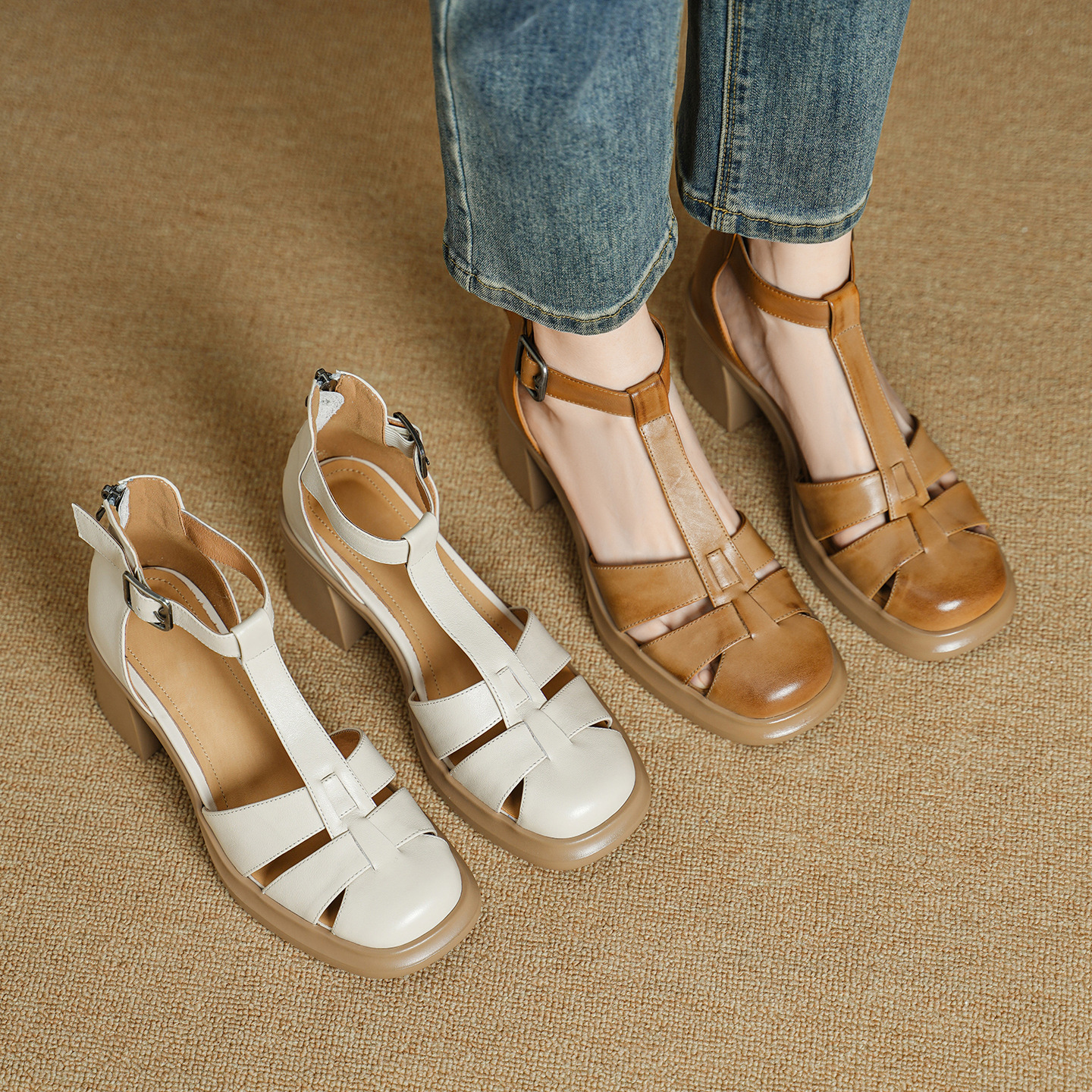 Sandal cao gót nữ phong cách La Mã, mũi kín gót kín, quai chữ T, gót 7.5 cm — màu trắng ngà