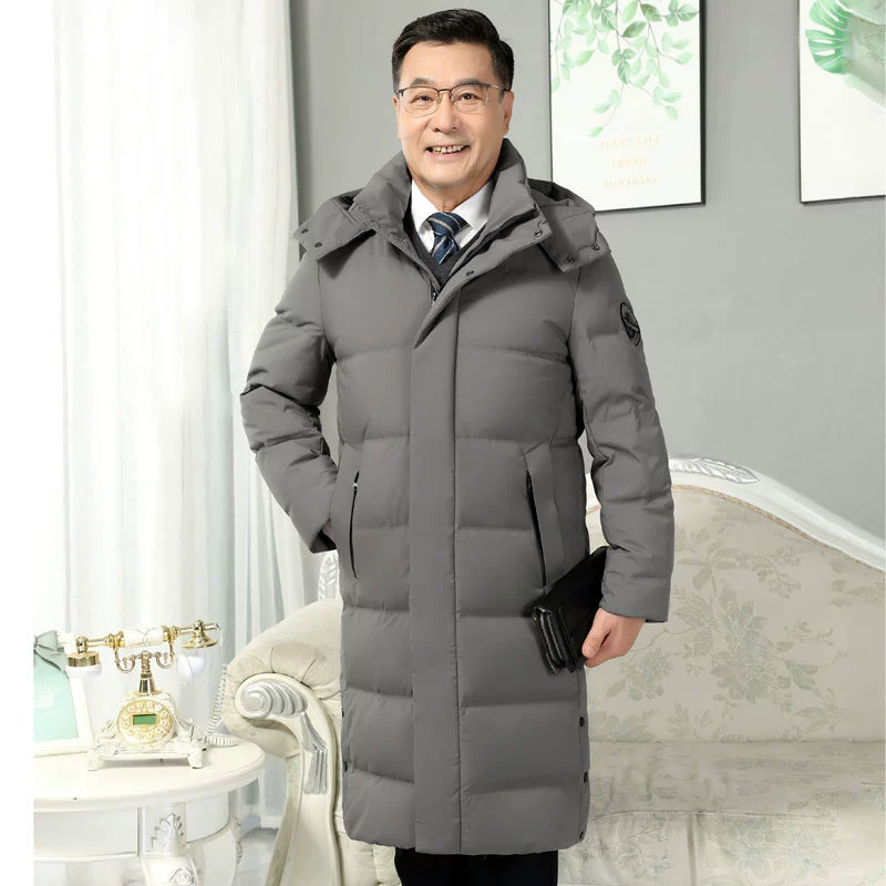 Новая внешнеторговая длинная пуховая куртка с капюшоном для папы, мужская зимняя одежда для среднего и пожилого возраста, оптовая продажа, кардиган, мужская ветровка