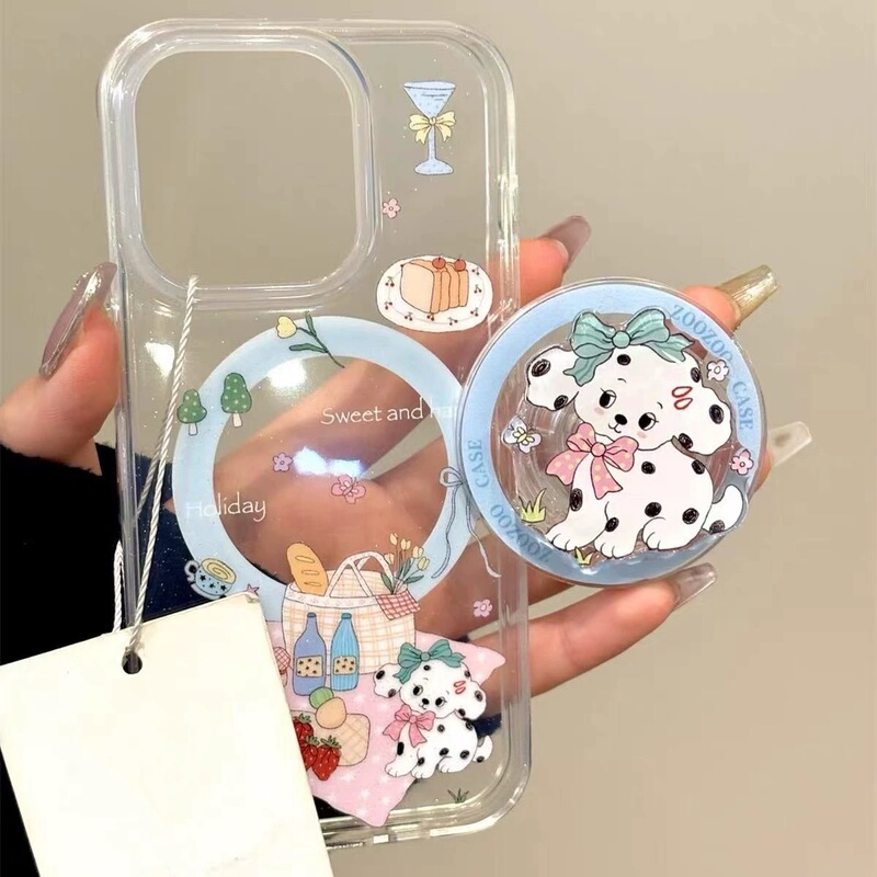 Cartoon Dalmatian Dog with Magnetic Bracket for Apple 16promax Phone Case 15/14 Soft 13/12/pro
