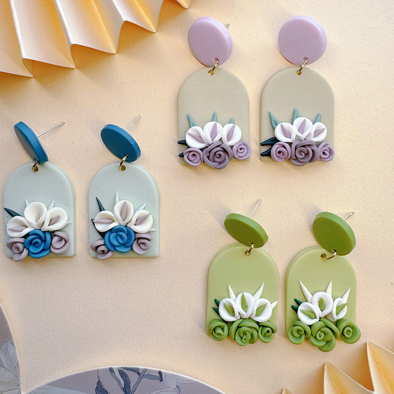 European and Korean Best-Selling New Products Handmade Flower Soft Pottery Earrings for Women Oil Painting Small Fresh High-End Polymer Clay Earrings