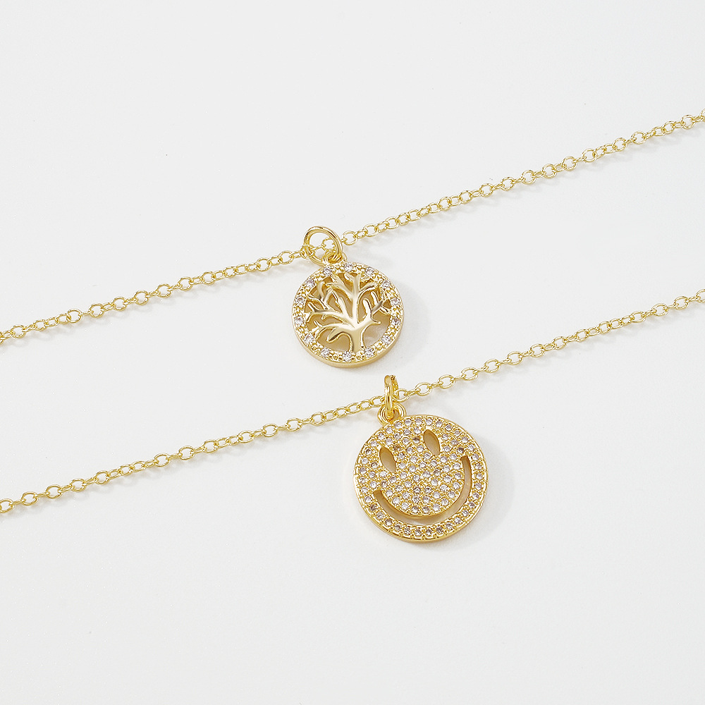 simple inlaid copper zircon disc hollow smiley tree of life necklace