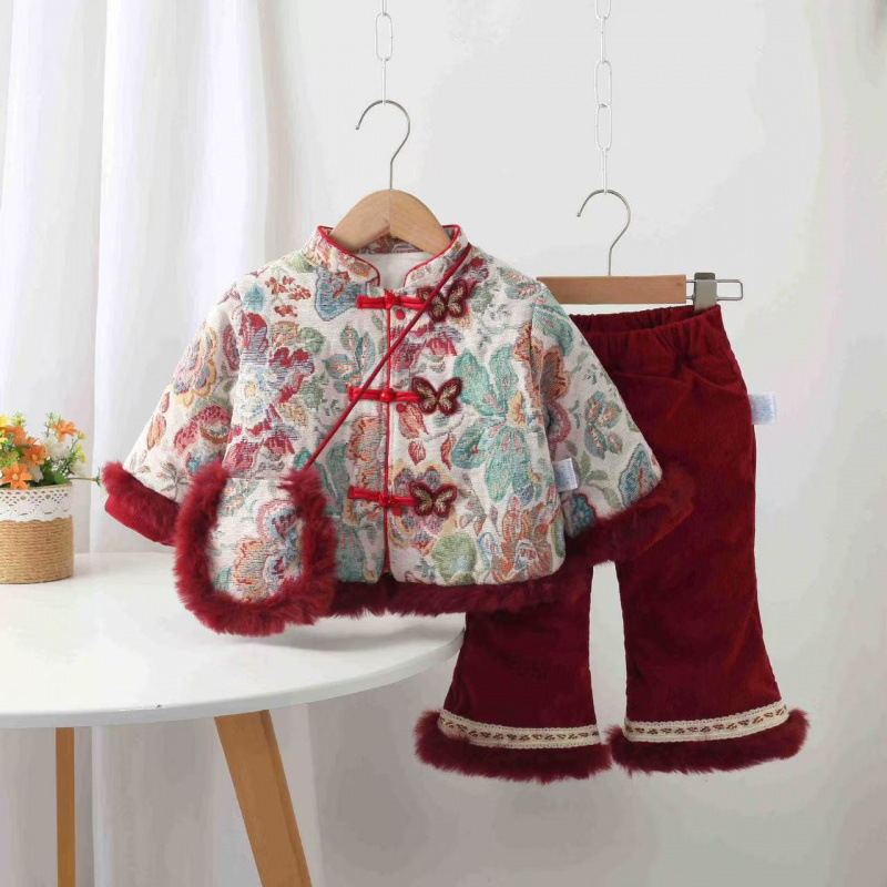 Girls' Hanfu New Year Outfit Winter New Tang Suit with Butterfly Button Cotton Set Chinese Style First Birthday Outing Outfit