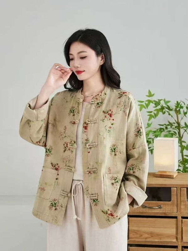 古咖服饰复古印花盘扣外套女式秋季立领宽松休闲时尚气质茶服开衫|undefined