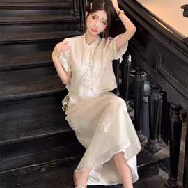 新中式套装女提花盘扣短袖衬衫夏季高腰字半身裙两件套新款新品款