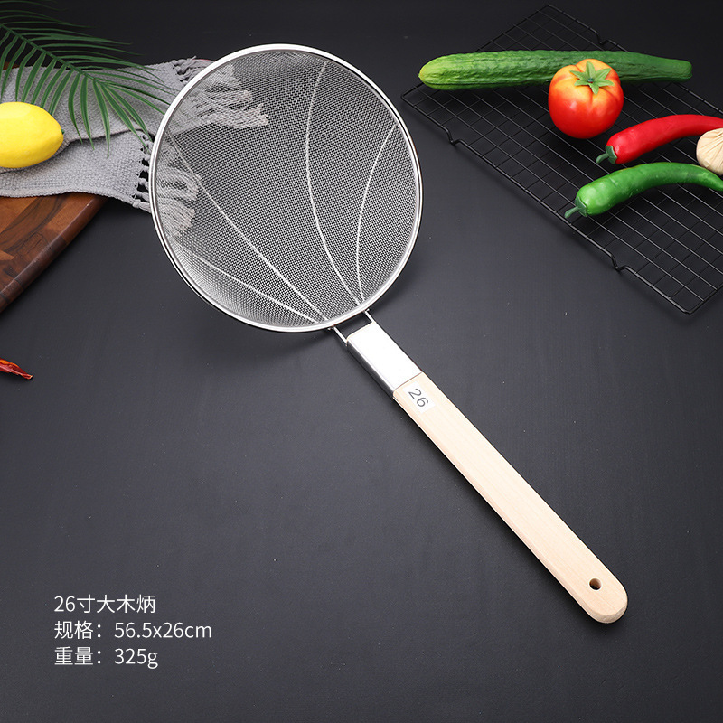 Mango de madera de acero inoxidable gran filtro de malla larga filtro de malla comercial de alimentos fritos tamizado olla caliente para pescar fideos cucharada grande