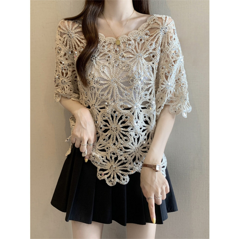 Crochet Hollow-Out Short-Sleeve T-Shirt for Women, Summer Plus-Size, Slimming, High-End Feel, Heavy Sequin Embellishment, Outerwear Cover-Up Crochet Hollow-Out Short-Sleeve T-Shirt for Women, Summer Plus-Size, Slimming, High-End Feel, Heavy Sequin Embellishment, Outerwear Cover-Up