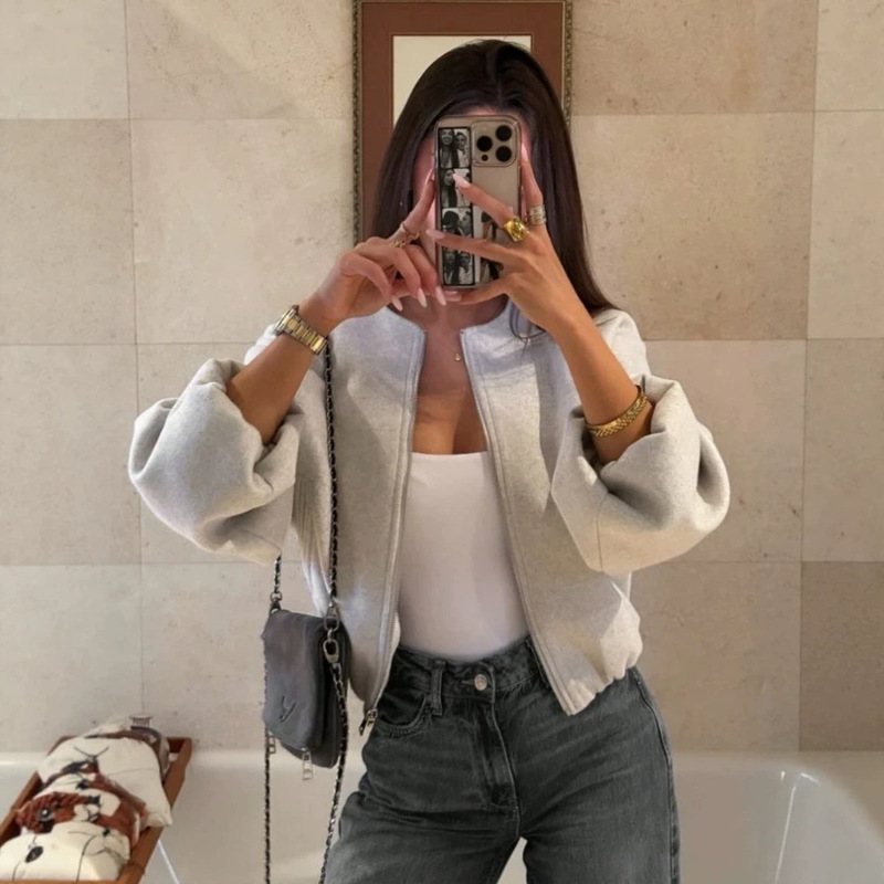 Women's Solid Color Zipper Short Jacket with Pockets, Casual Long Sleeve Soft Bomber Jacket, Simple and Versatile for Fall and Winter Women's Solid Color Zipper Short Jacket with Pockets, Casual Long Sleeve Soft Bomber Jacket, Simple and Versatile for Fall and Winter