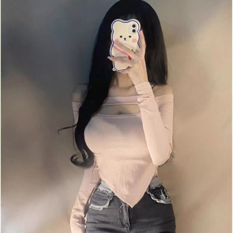 Pure Desire Spice Girl Hanging Neck Collar Shoulder Hollow Long Sleeve T-shirt Women's Cared Tight Irregular Short Top